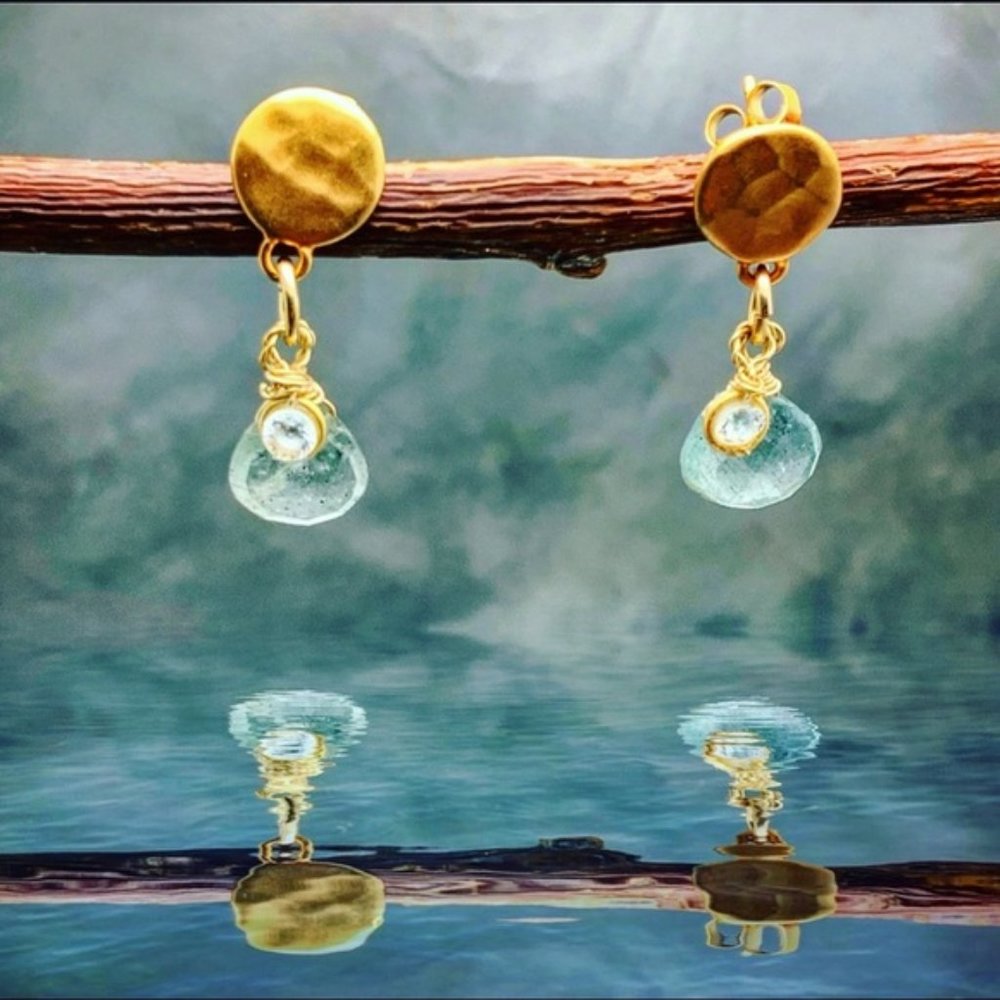 Matana moss Aquamarine gold posts dangle earrings